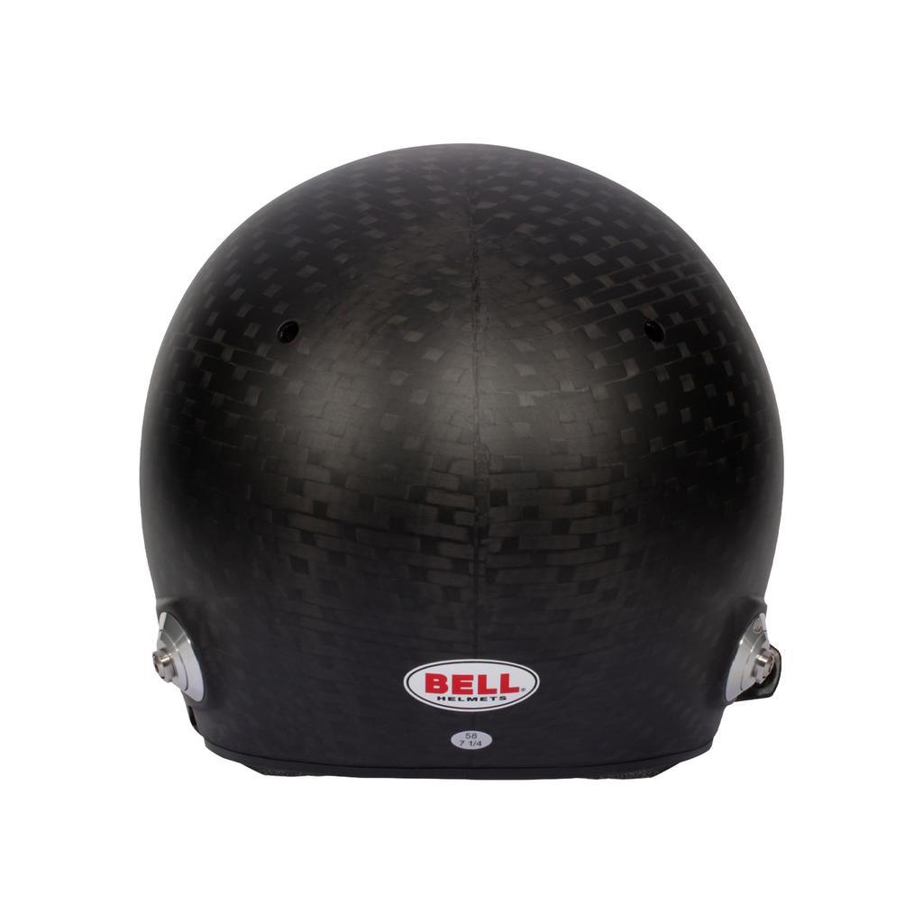 Bell HP10 Rally WW carbon helmet rear view showing carbon weave shell and hardware image