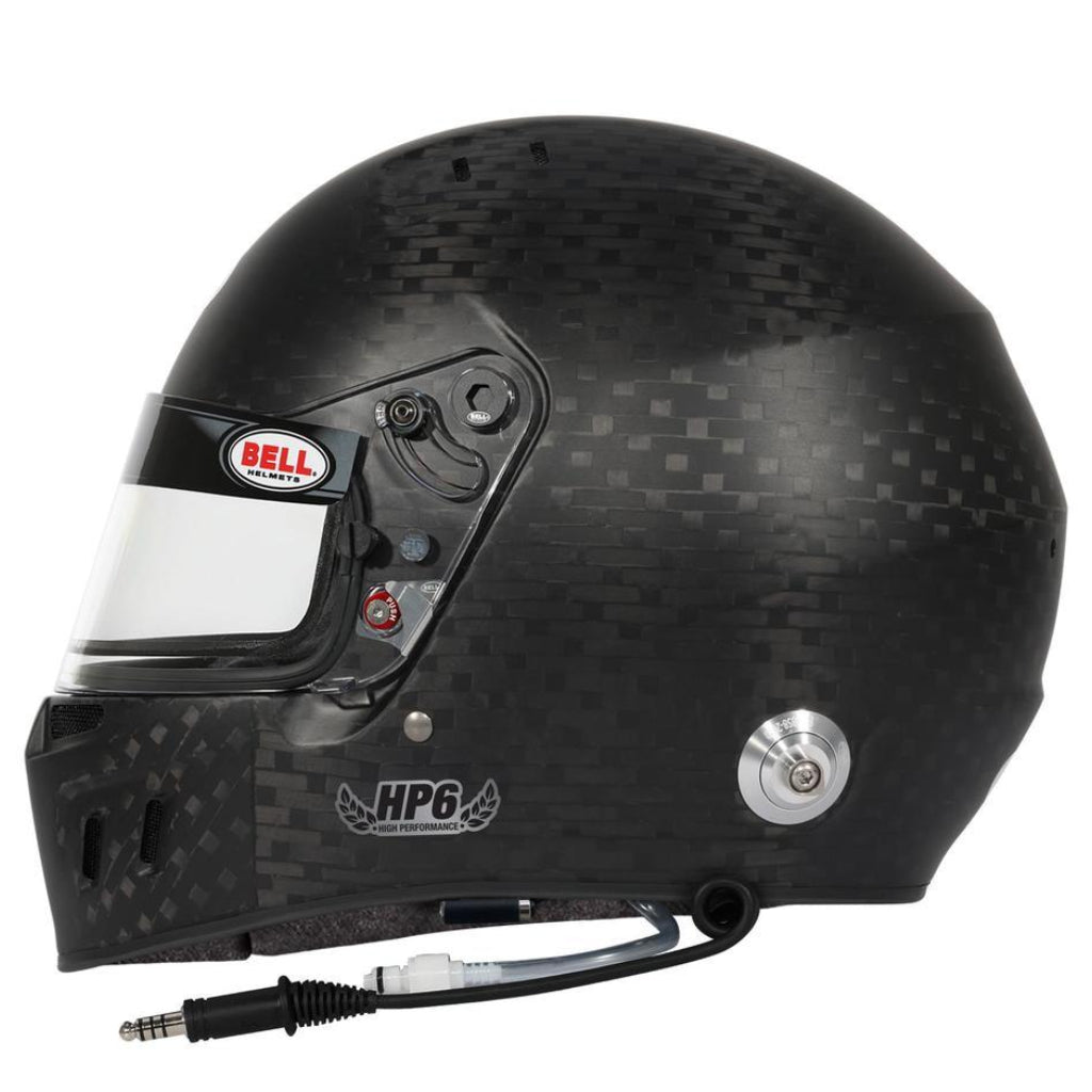 Driver-side view of Bell HP6 EVO II RD-4C highlighting visor pivot hardware and carbon shell construction