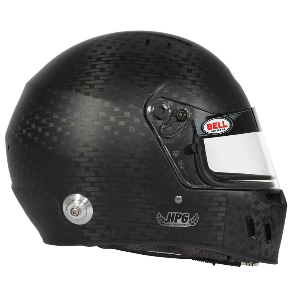 Bell HP6 EVO II RD-4C helmet showing factory-installed HANS anchors and reinforced side mounting area
