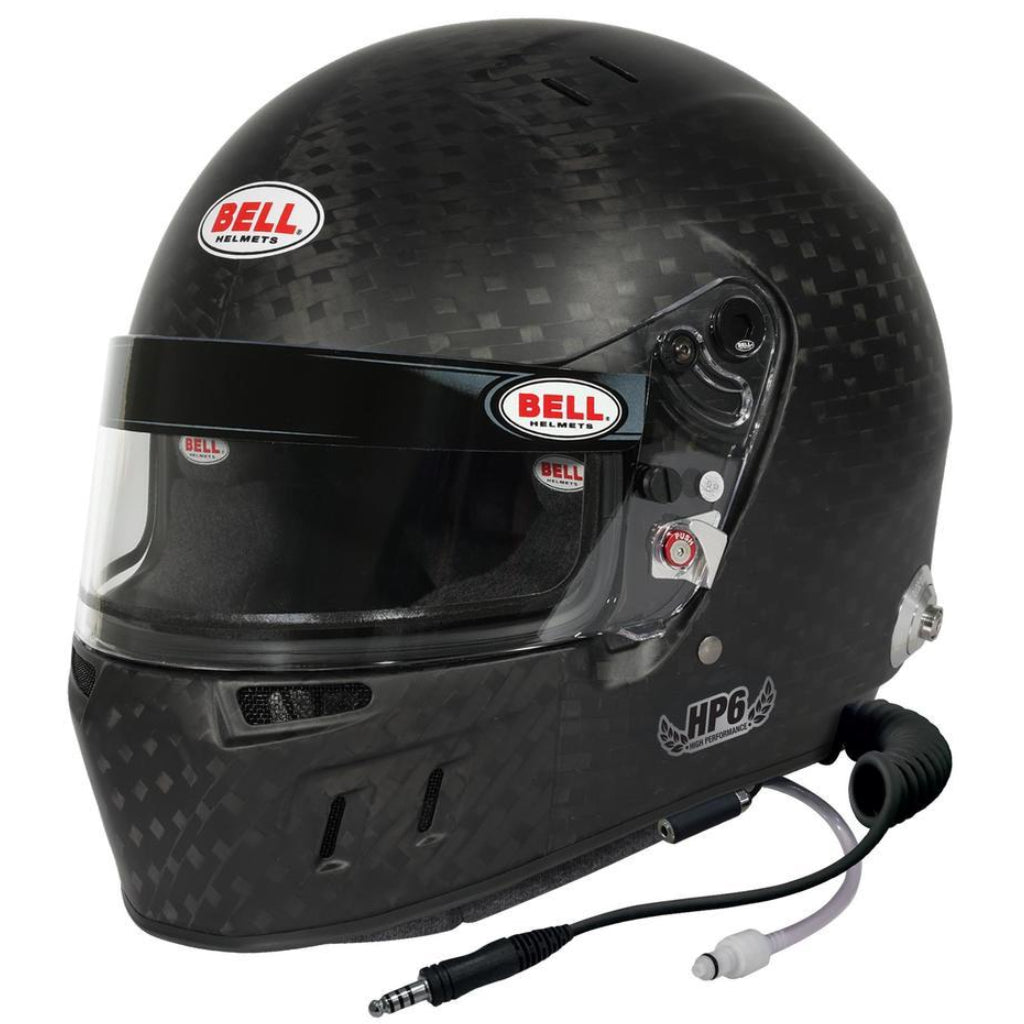 Bell HP6 EVO II RD-4C helmet showing matte carbon shell texture, SV06 visor system, and chin ventilation design