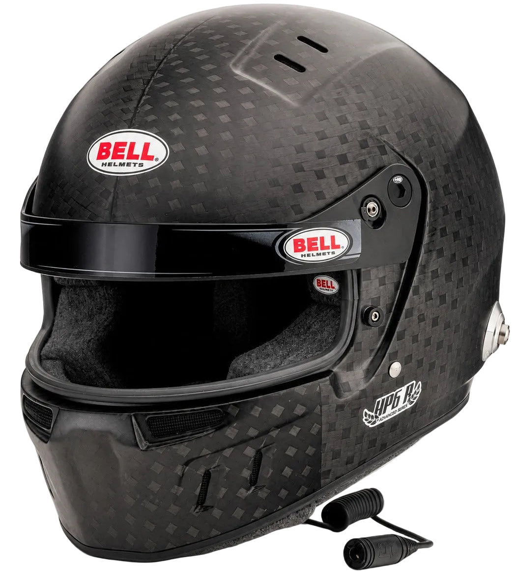 Bell HP6 Rally FIA 8860-2018 carbon fiber racing helmet with integrated communication connector, wide eyeport, and factory-installed HANS anchors