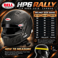 Thumbnail for Bell HP6 Rally FIA 8860-2018 Carbon Fiber Racing Helmet Size Chart Featuring Helmet Sizes 54–61 and 61+ Fit Option, Head Circumference in Centimeters and Inches, and Head Measuring Instructions.