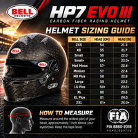 Thumbnail for Bell HP7 EVO III Carbon Fiber Racing Helmet FIA 8860-2018 sizing chart showing helmet sizes 54 through 61+, head circumference in centimeters and inches, and instructions for measuring proper helmet fit.