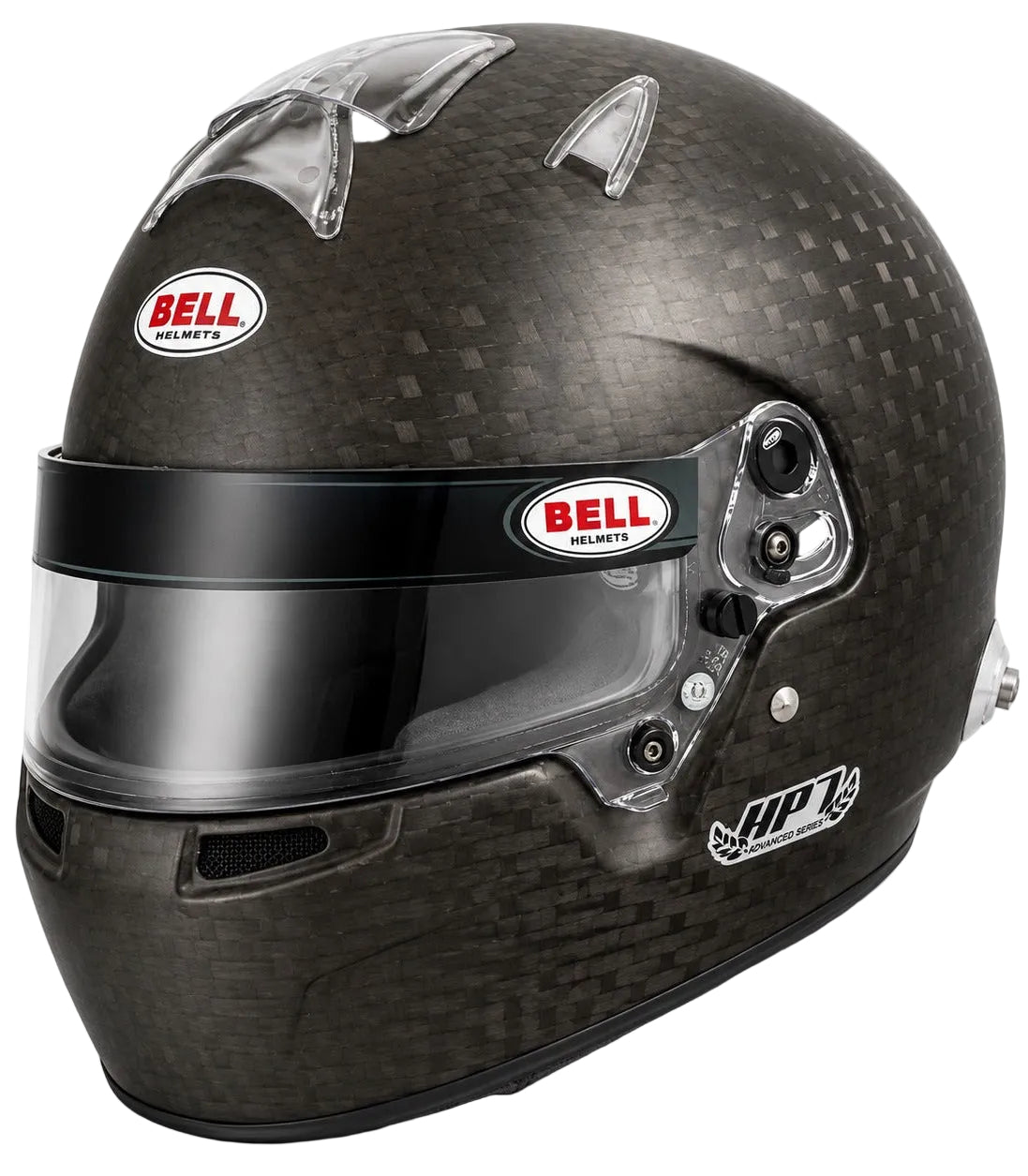 Bell HP7 EVO III Carbon Fiber Racing Helmet showing side profile and visor hardware
