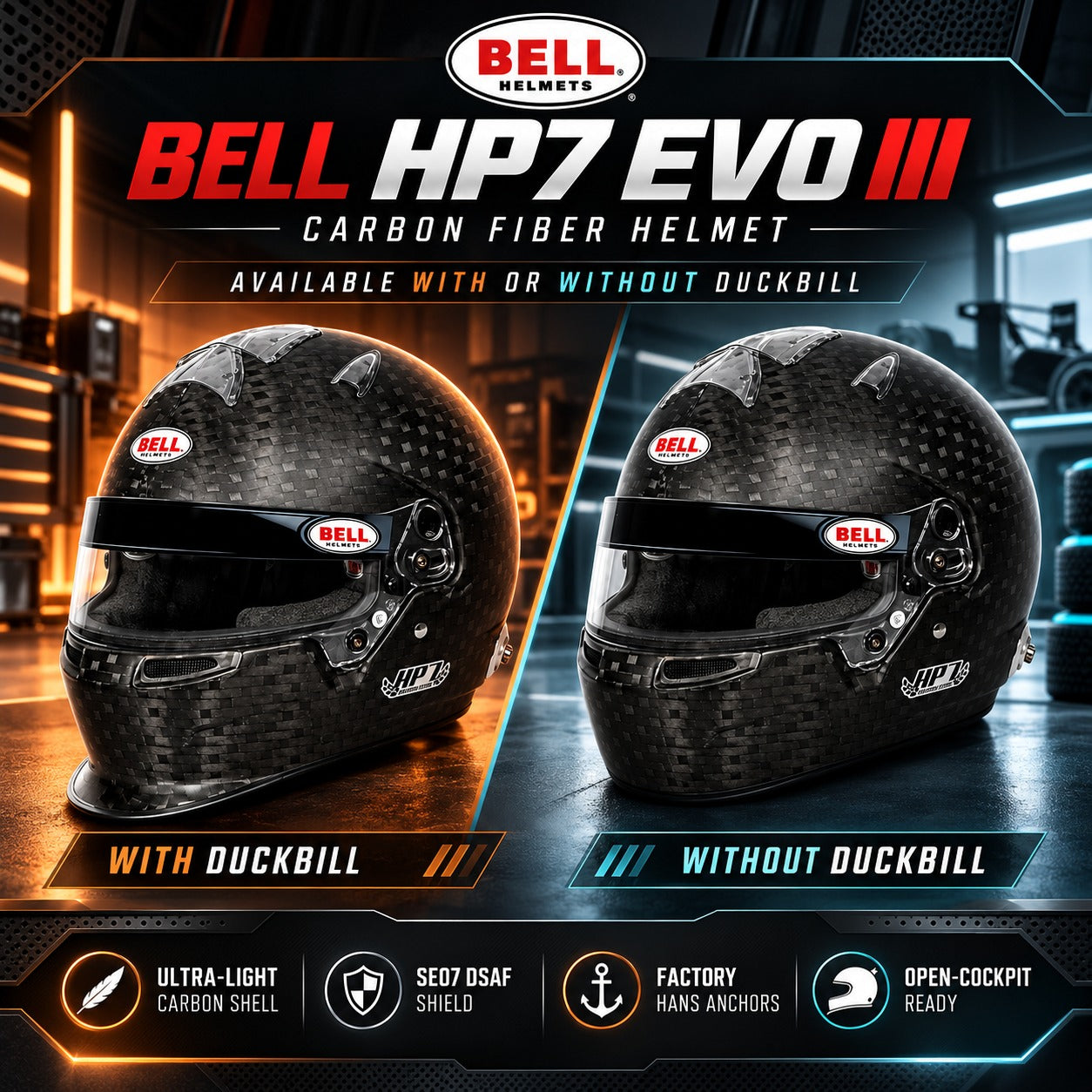 Bell HP7 EVO III Carbon Fiber Racing Helmet comparison showing with and without duckbill options, featuring an ultra-lightweight carbon fiber shell, SE07 DSAF anti-fog visor, factory-installed HANS anchors, and open-cockpit racing design.