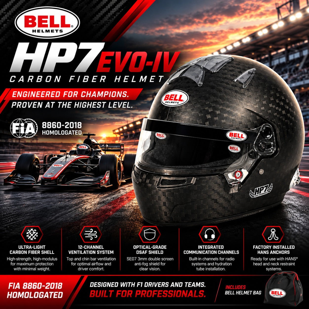 Bell HP7 EVO-IV Carbon Fiber Racing Helmet FIA 8860-2018 featuring ultra-lightweight carbon shell, 12-channel ventilation, DSAF anti-fog visor, integrated communication channels, factory-installed HANS anchors, and included Bell helmet bag.