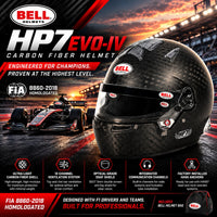 Thumbnail for Bell HP7 EVO-IV Carbon Fiber Racing Helmet FIA 8860-2018 featuring ultra-lightweight carbon shell, 12-channel ventilation, DSAF anti-fog visor, integrated communication channels, factory-installed HANS anchors, and included Bell helmet bag.