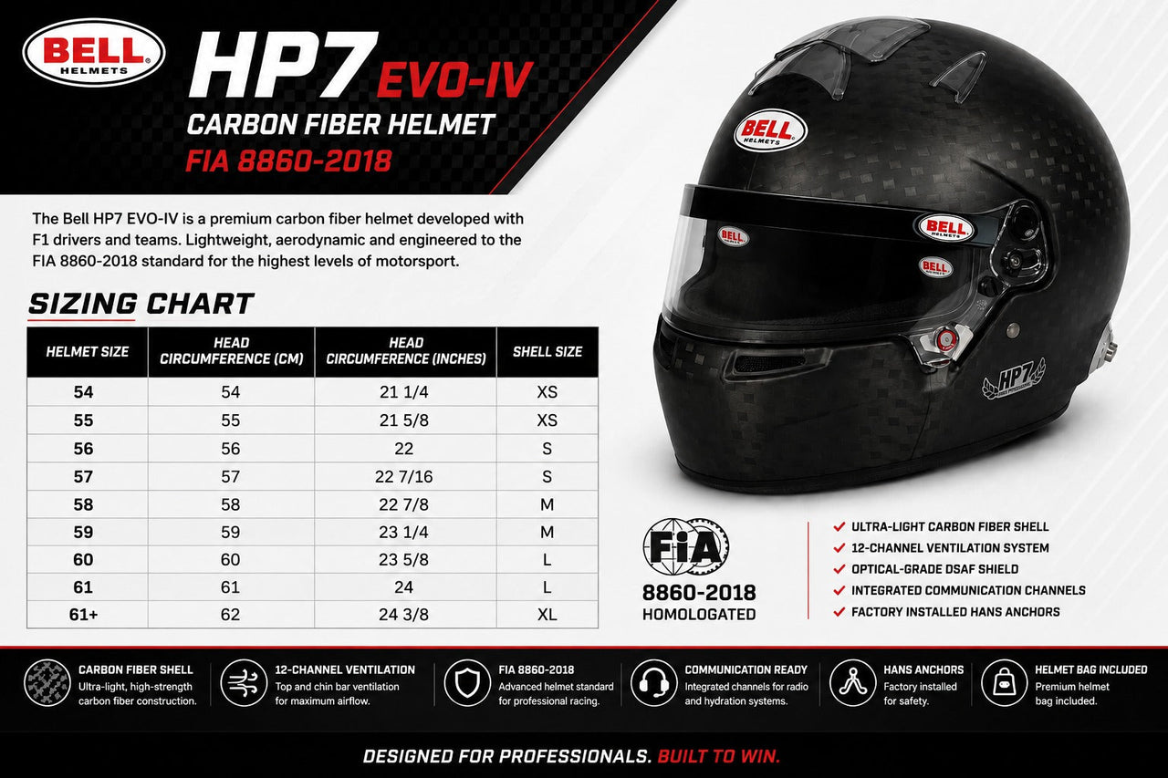 Bell HP7 EVO-IV Carbon Fiber Helmet FIA 8860-2018 promotional graphic with a large helmet on the right, technical specs, a sizing chart, and feature icons on a dark background.