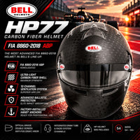 Thumbnail for Bell HP77 Carbon Fiber Racing Helmet FIA 8860-2018 ABP featuring lightweight carbon fiber shell, advanced ballistic protection, 12-channel ventilation, double-screen anti-fog visor, factory-installed HANS anchors, and integrated communication channels.