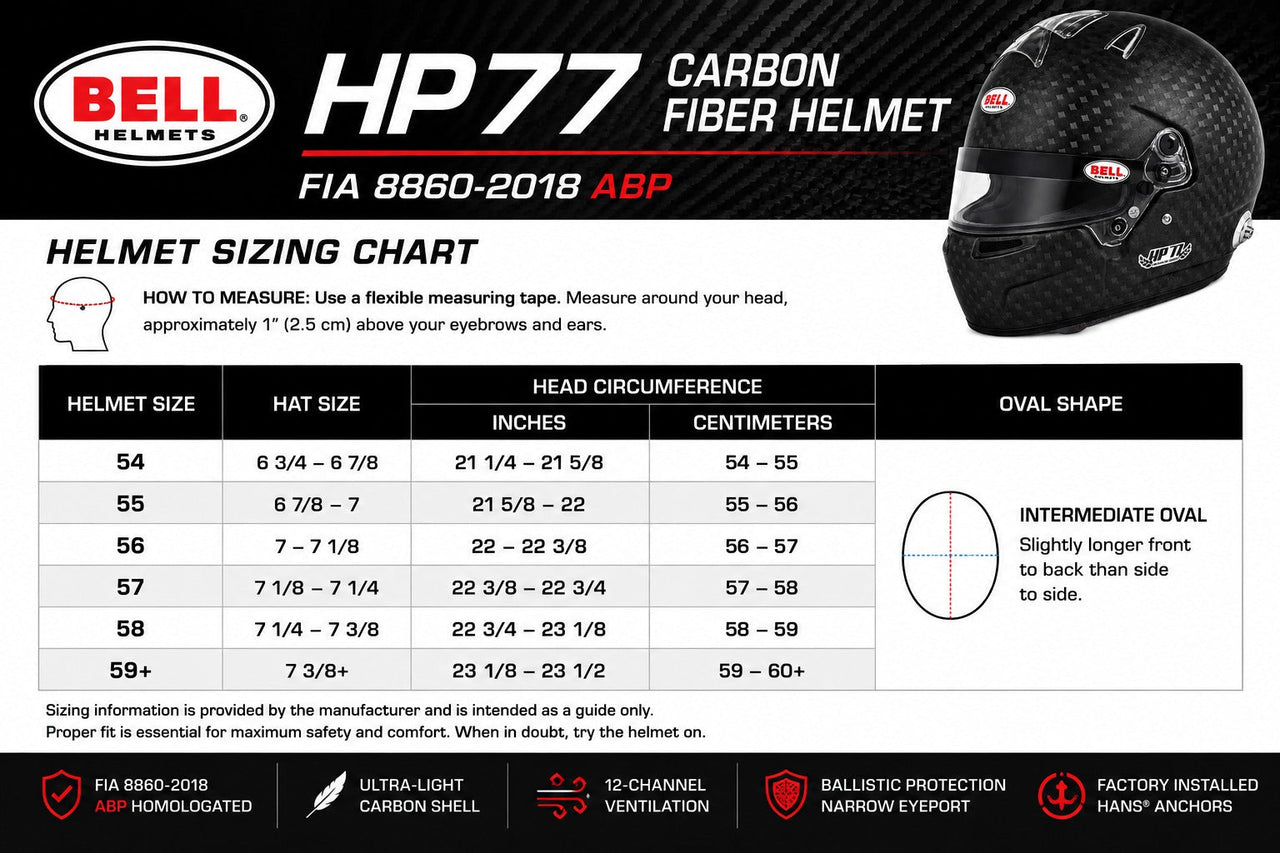 Bell HP 77 Carbon Fiber Helmet sizing chart graphic with a helmet photo in the top right and a measurement table for hat size, head circumference, and oval shape.