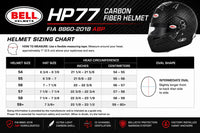 Thumbnail for Bell HP 77 Carbon Fiber Helmet sizing chart graphic with a helmet photo in the top right and a measurement table for hat size, head circumference, and oval shape.