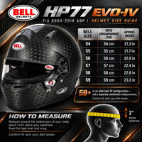 Thumbnail for Bell HP77 EVO-IV FIA 8860-2018 ABP Carbon Fiber Racing Helmet Size Chart Featuring Helmet Sizes 54–59, Head Circumference in Centimeters and Inches, Plus-Fit Note, and Head Measuring Instructions.
