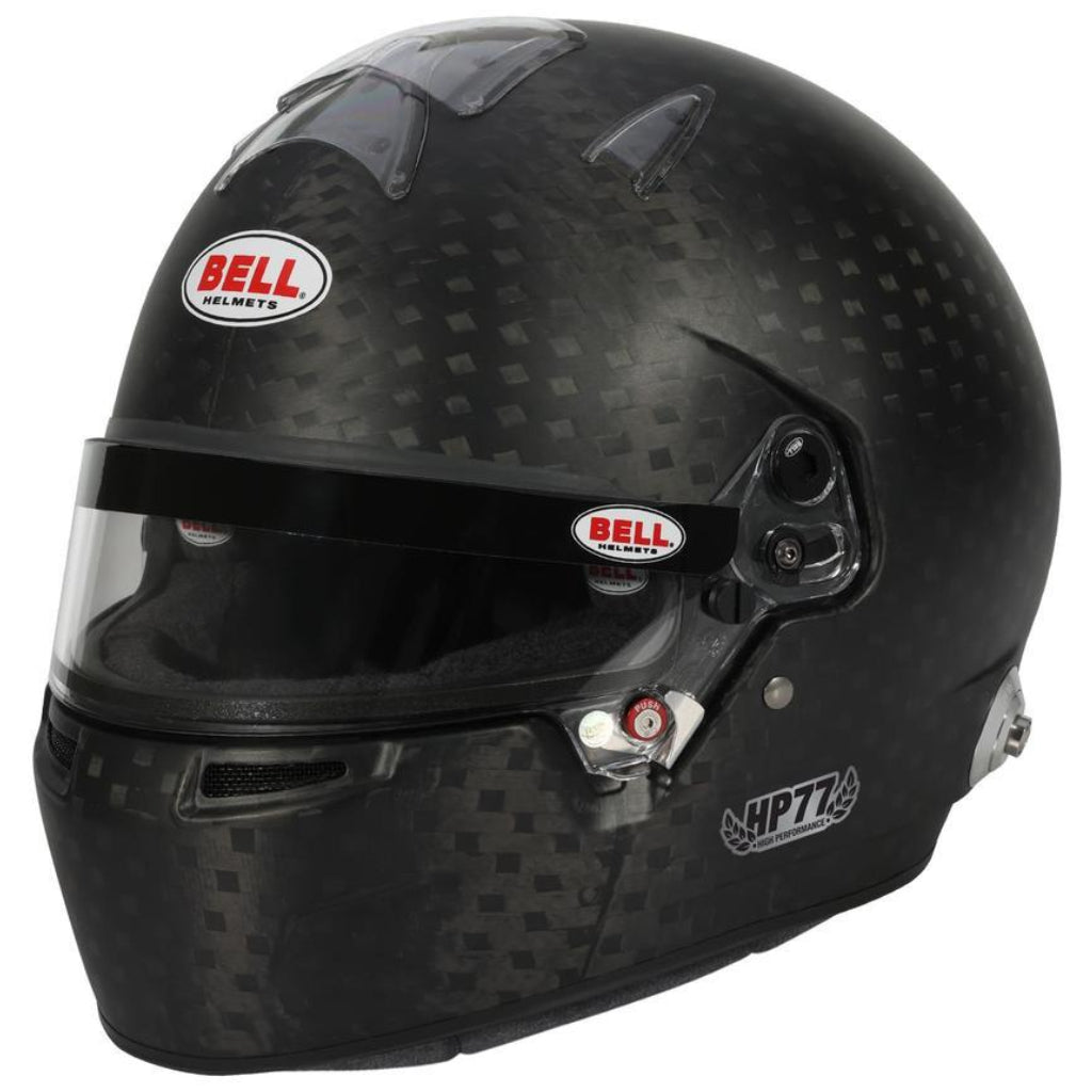 Bell HP77 EVO-IV carbon fiber helmet front three quarter angle with clear visor image