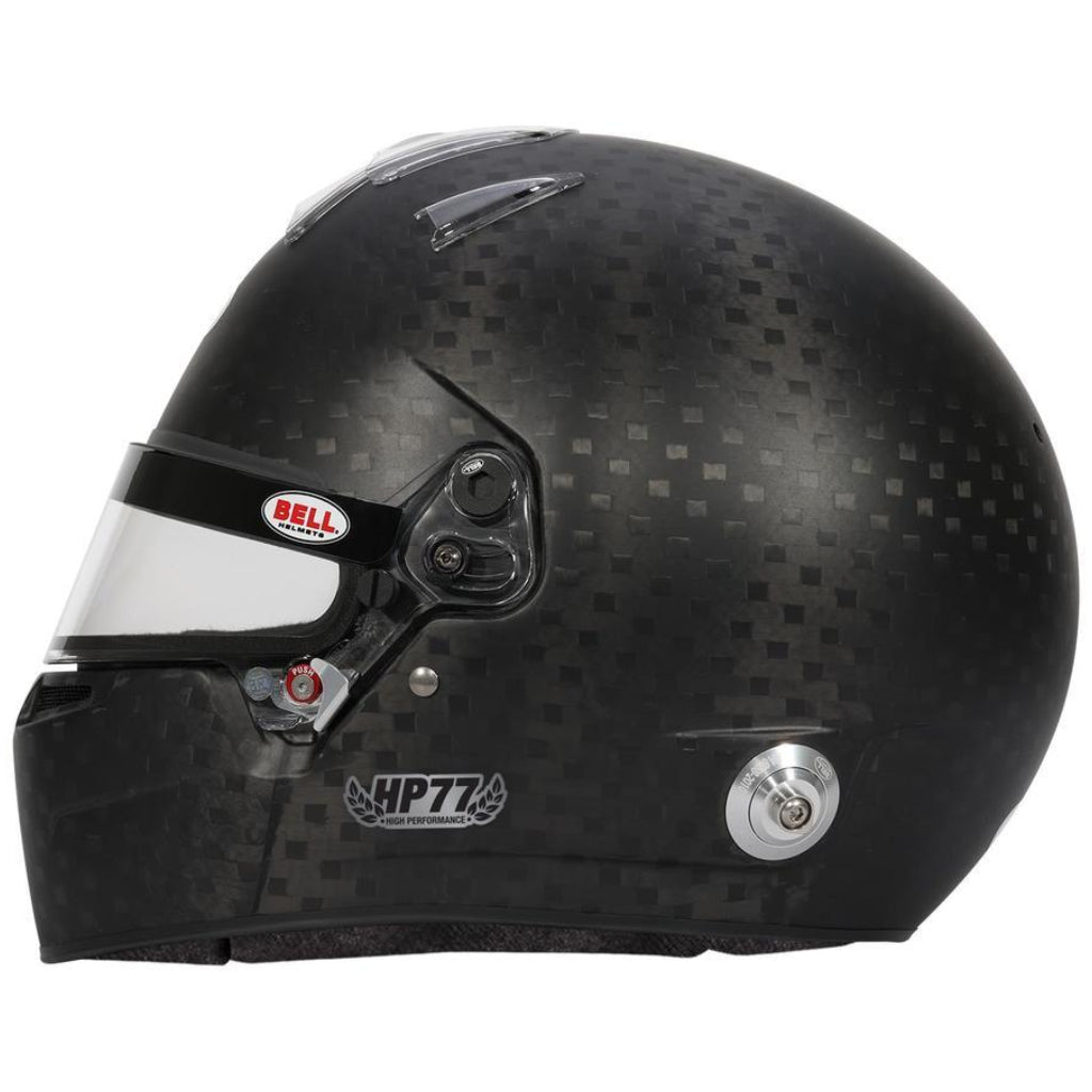 Bell HP77 EVO-IV carbon fiber helmet left side profile showing visor hardware image