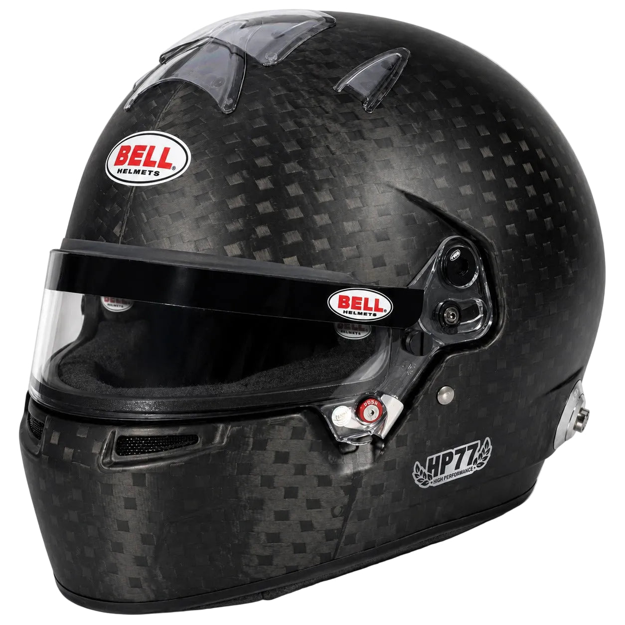 Bell HP77 EVO IV carbon fiber racing helmet with clear visor in front three-quarter view