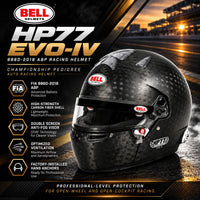 Thumbnail for Bell HP77 EVO-IV Carbon Fiber Racing Helmet FIA 8860-2018 ABP featuring advanced ballistic protection, high-strength carbon shell, double-screen anti-fog visor, optimized ventilation, and factory-installed HANS anchors. Black and gold motorsport hero image.