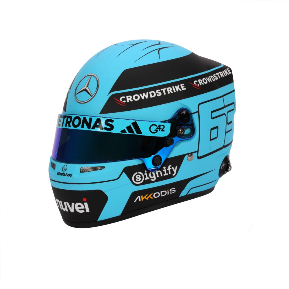 Angled view of Bell HP77 George Russell 2025 Mini Helmet showing number 63 graphics and sponsor details