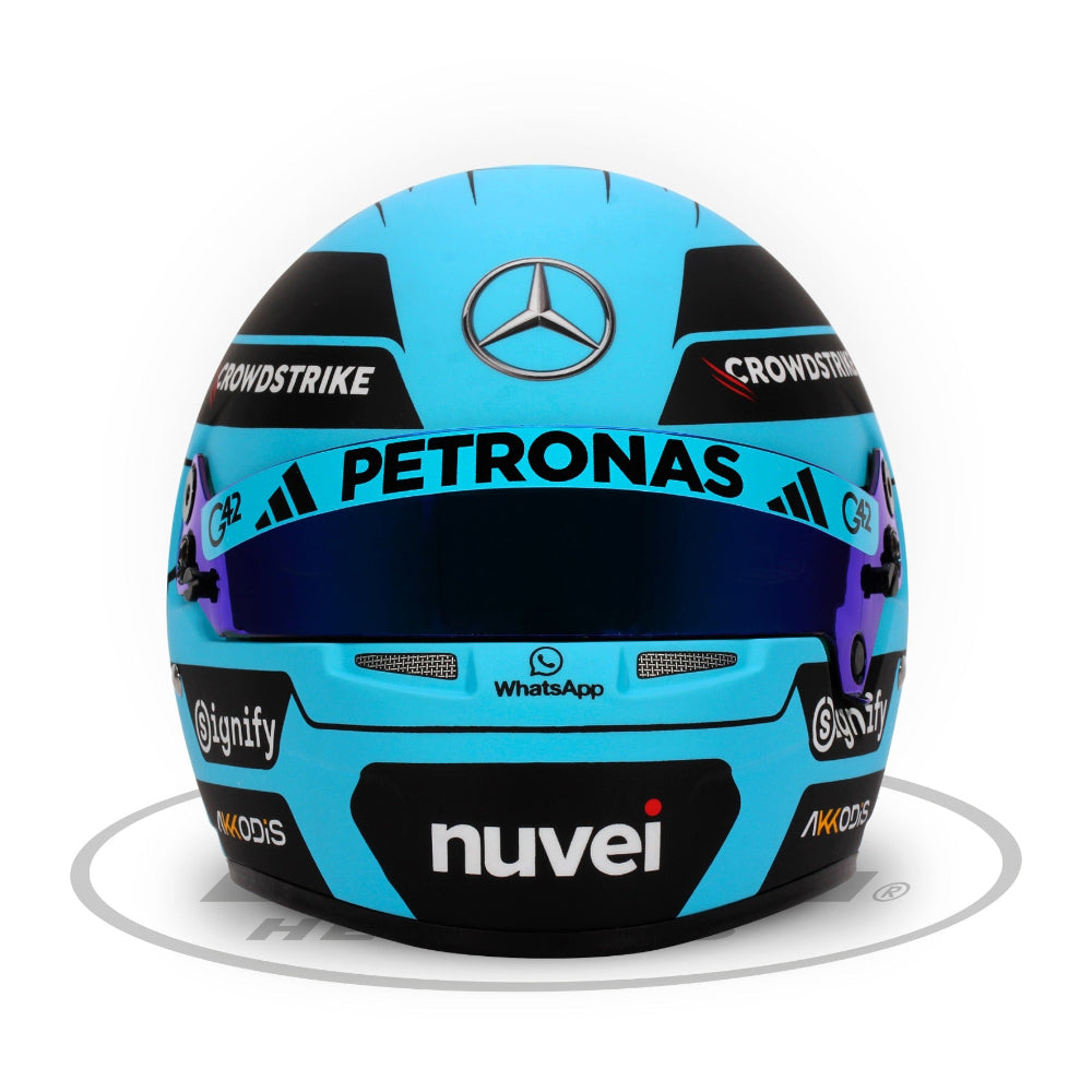 Front view of Bell HP77 George Russell 2025 Mini Helmet with PETRONAS and Mercedes branding