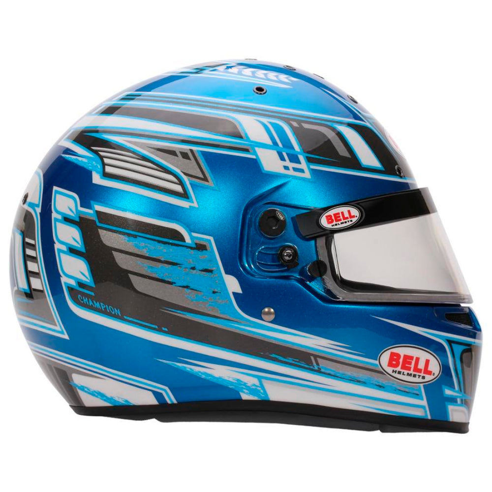 Bell KC7 CMR Champion Pro Series karting helmet blue right side showing graphic design and shell shape