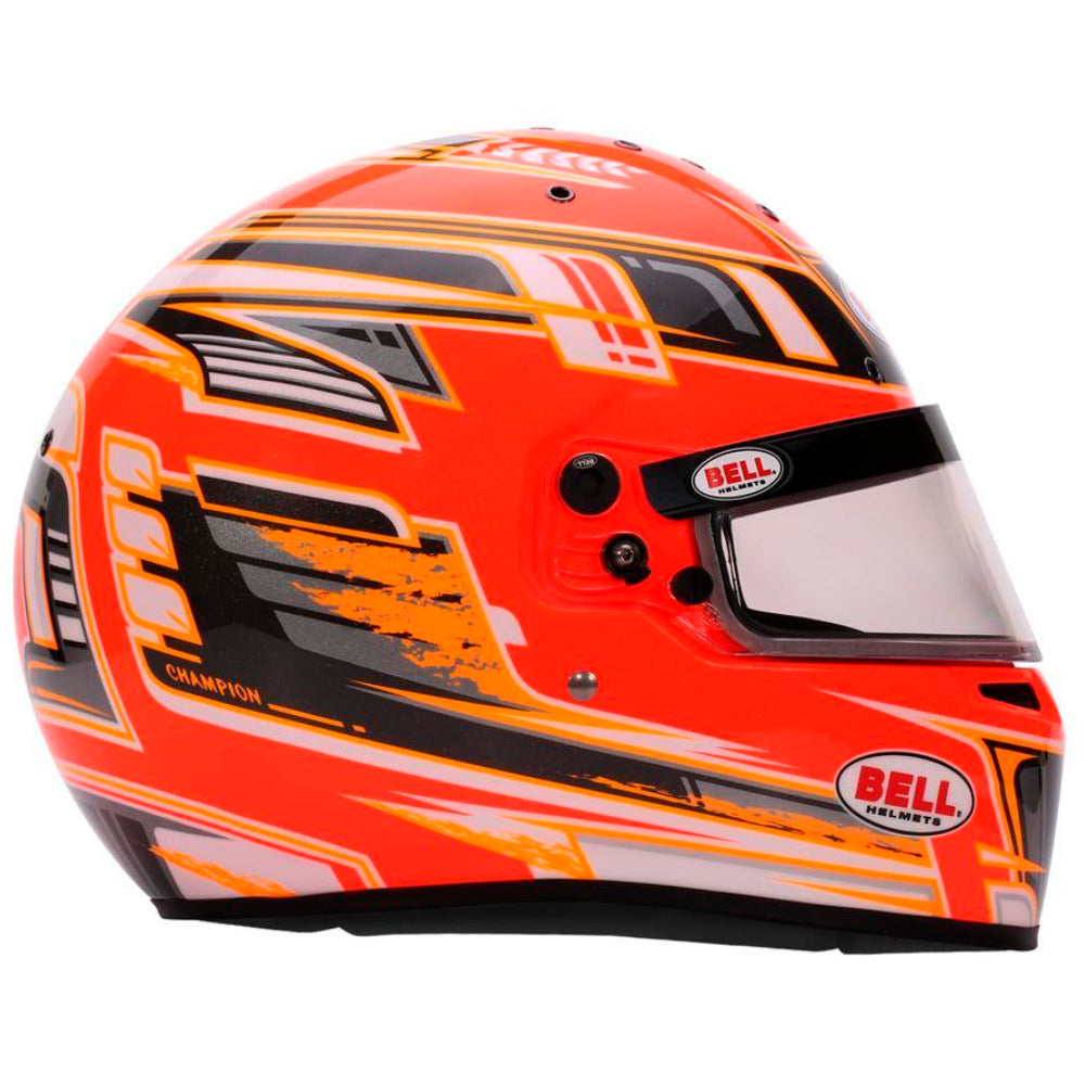 Bell KC7 CMR Champion Pro Series karting helmet orange right side showing champion graphics and shell shape