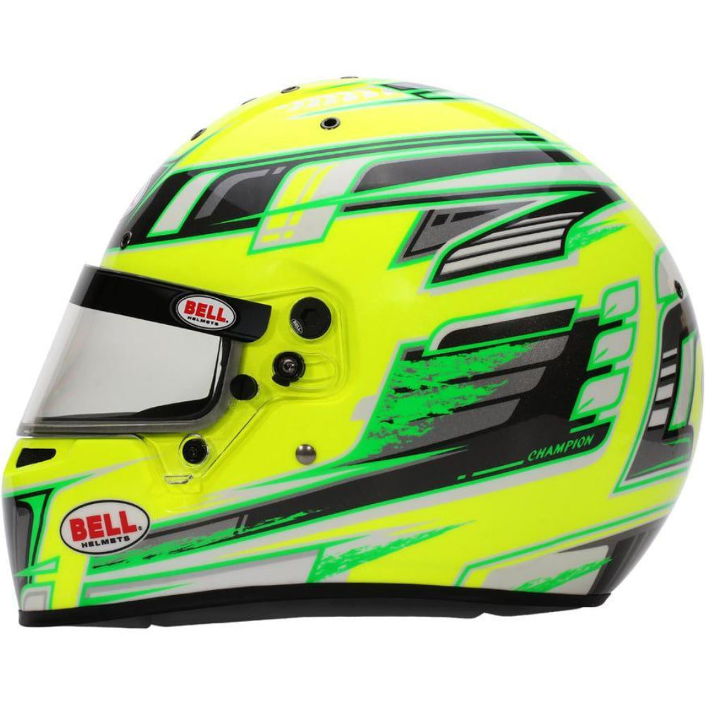 Bell KC7 CMR Champion Pro Series karting helmet yellow left side profile showing aerodynamic shell and graphics