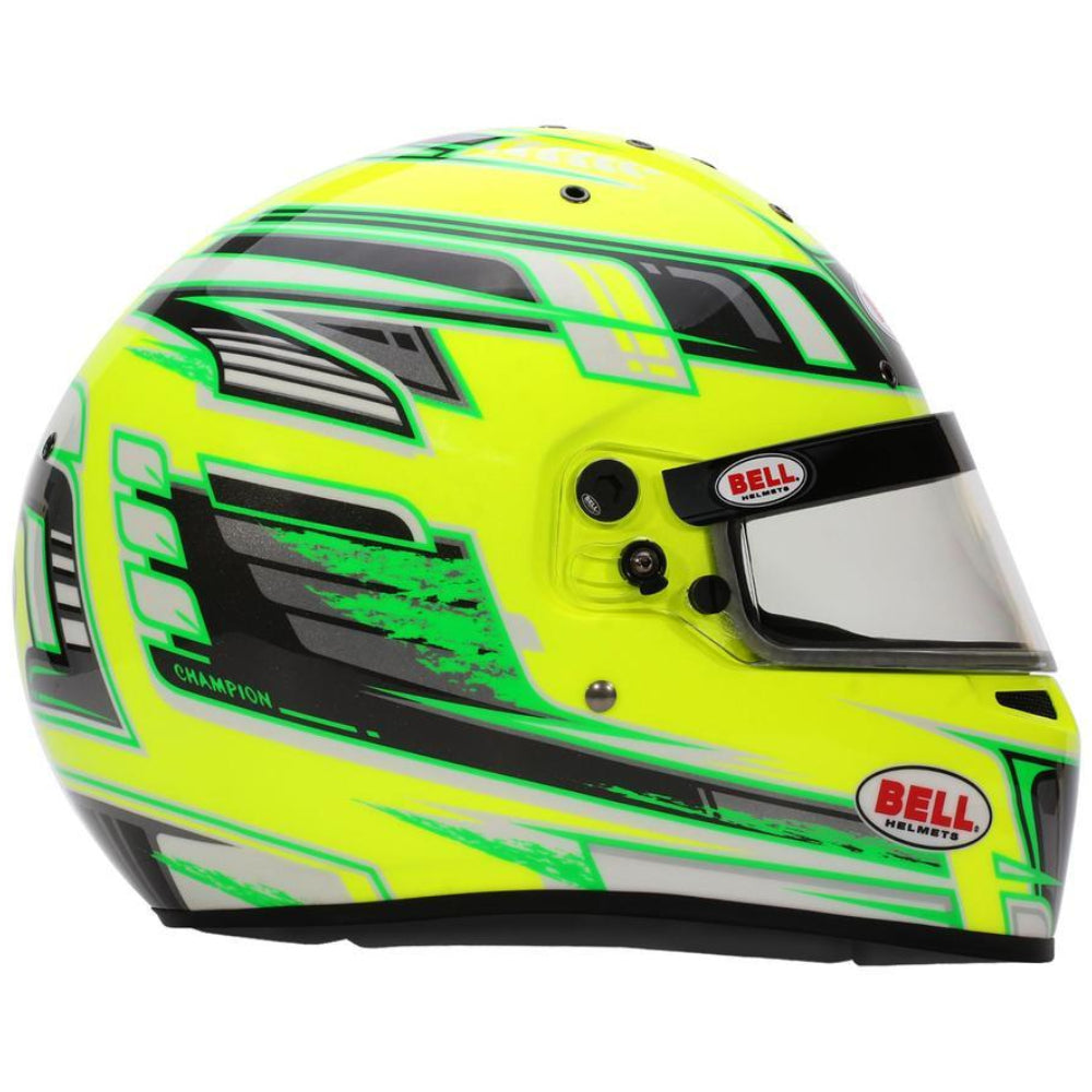 Bell KC7 CMR Champion Pro Series karting helmet yellow right side showing champion graphics and shell shape