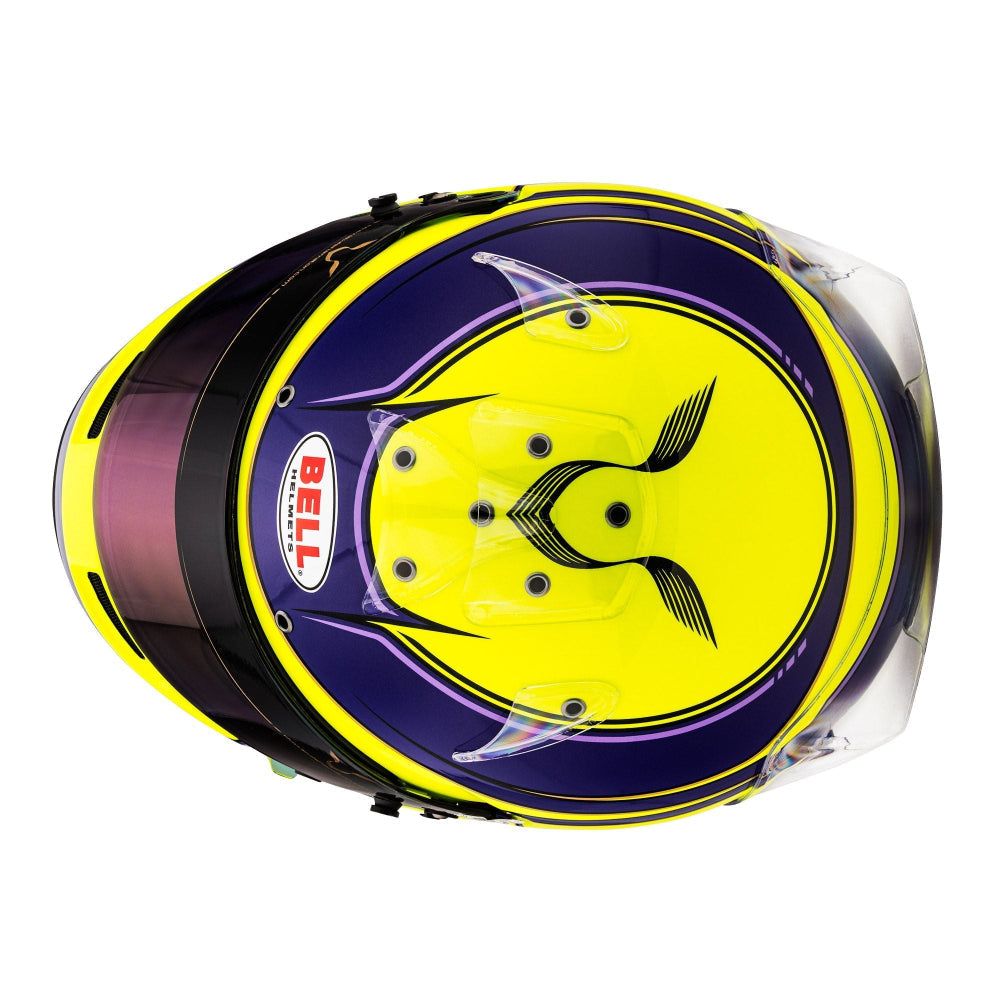 Bell KC7-CMR Lewis Hamilton Karting Helmet 2022 FIA CMR2016 top view showing yellow and purple design