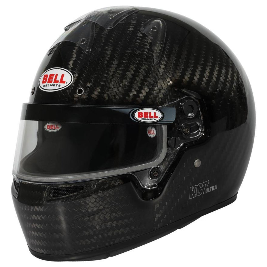 Bell KC7 CMR Ultra Carbon youth karting helmet shown from front three quarter angle