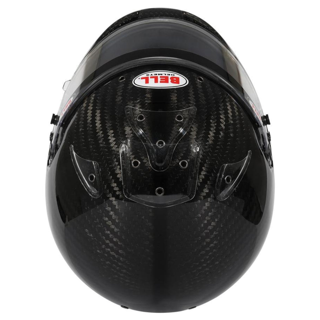 Top view of Bell KC7 CMR Ultra Carbon youth helmet showing carbon weave and vents