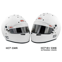 Thumbnail for Two white racing helmets with 'Bell' branding on a white background