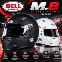 Thumbnail for Bell M.8 Snell SA2020 Racing Helmets in Matte Black and Gloss White – Hero Image Featuring Large Eyeport, Lightweight Composite Shell, Adjustable Ventilation, Comfort-Plus FR Interior, and HANS-Ready M6 Terminals.