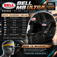 Thumbnail for Bell Helmets SA2025 Helmet Size Guide infographic featuring a large black carbon-fiber racing helmet on the right, a measurement table on the left, and a small illustrated head with a yellow tape measure at the bottom left. The Bell logo and Snell SA2025 Certified badge are visible.