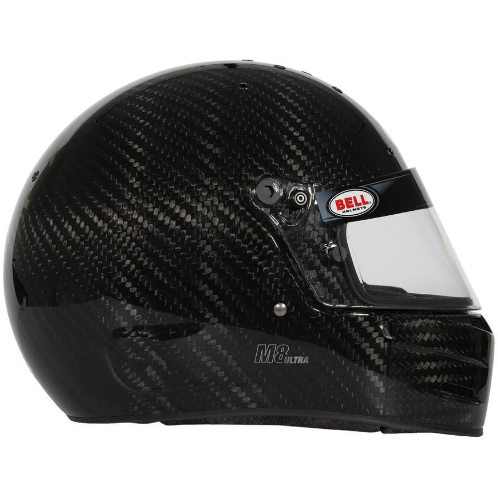 Bell M8 Ultra Carbon helmet right side profile showing shell contour and M8 Ultra branding