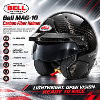 Thumbnail for Bell MAG-10 Carbon Fiber Open-Face Racing Helmet hero image featuring lightweight carbon fiber construction, long visor, wide field of view, factory M6 head restraint terminals, and Snell SA2025 and FIA 8859-2024 certifications.