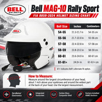 Thumbnail for Bell MAG-10 Rally Sport FIA 8859-2024 White Open-Face Racing Helmet Sizing Chart Featuring Six Manufacturer Size Ranges, Head Circumference in Centimeters and Inches, and Head Measuring Instructions.