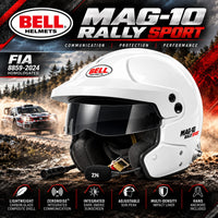 Thumbnail for Bell MAG-10 Rally Sport FIA 8859-2024 White Open-Face Racing Helmet Hero Image Featuring Integrated ZeroNoise Communications, Dark Smoke Sunscreen, Adjustable Sun Peak, Carbon-Glass Composite Shell, and Factory-Installed HANS Anchors.