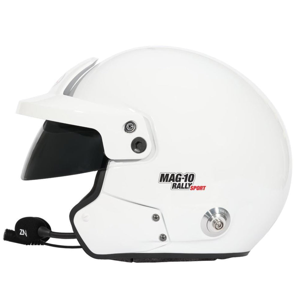 Left side profile of Bell MAG-10 Rally Sport white helmet showing open-face shell shape, visor mount, and rally communication hardware image