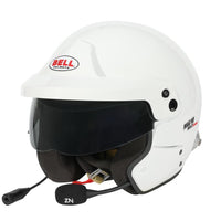 Thumbnail for Bell MAG-10 Rally Sport white open-face helmet shown at an angle with dark visor, integrated microphone, and ear cushions visible image