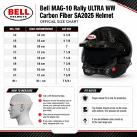 Thumbnail for Bell MAG-10 Rally ULTRA WW Carbon Fiber SA2025 Helmet official size chart infographic. The graphic features a size table mapping head circumference to hat size, a how-to-measure diagram, fit notes, and a photo of the black carbon fiber helmet on the right.