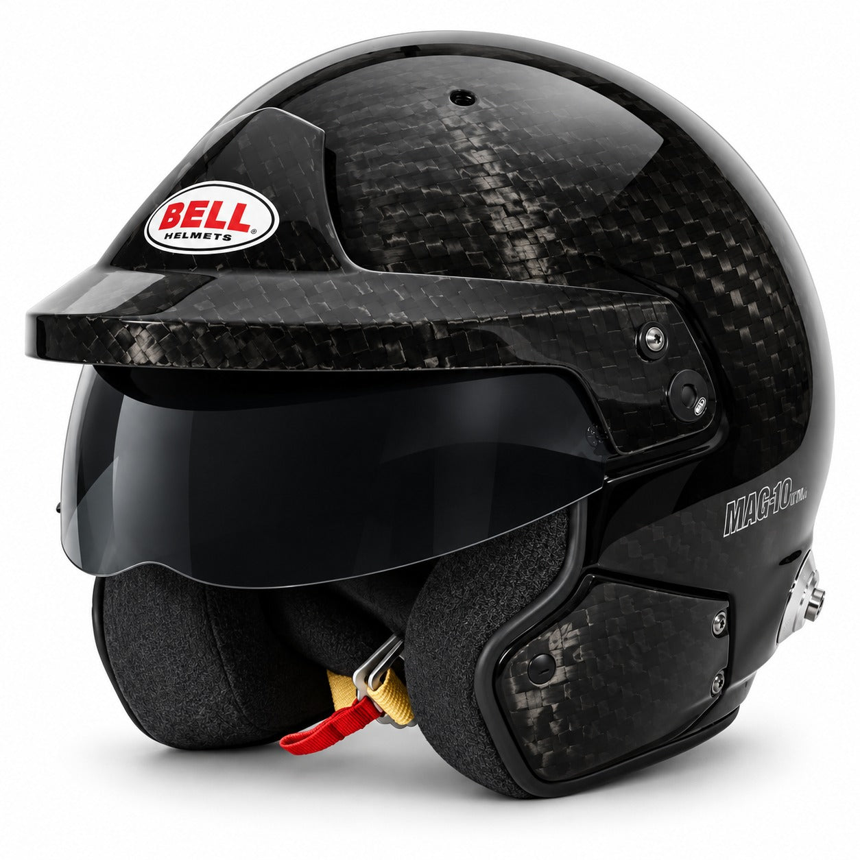 Bell MAG-10 ULTRA Carbon Fiber Open-Face Racing Helmet shown in front three-quarter view, featuring a gloss carbon fiber shell, adjustable peak, dark smoked sun visor, padded interior, and HANS anchors.