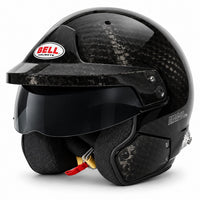 Thumbnail for Bell MAG-10 ULTRA Carbon Fiber Open-Face Racing Helmet shown in front three-quarter view, featuring a gloss carbon fiber shell, adjustable peak, dark smoked sun visor, padded interior, and HANS anchors.