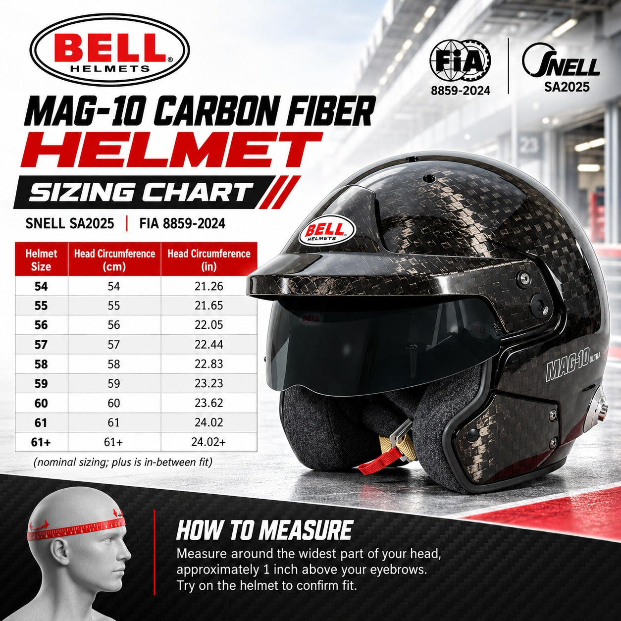 Bell MAG-10 ULTRA Carbon Fiber Open-Face Racing Helmet sizing chart showing helmet sizes 54 through 61+, head circumference in centimeters and inches, Snell SA2025 and FIA 8859-2024 certifications, and helmet measuring instructions.