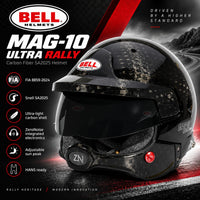 Thumbnail for Bell Helmets Mag-10 Ultra Rally carbon fiber full-face motorcycle helmet in black with a subtle carbon fiber weave pattern, featuring an integrated visor and promotional text on a dark graphic background.
