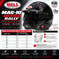 Thumbnail for Bell MAG-10 ULTRA Rally Carbon Fiber SA2025 helmet sizing chart with head circumference measurements, FIA 8859-2024 and Snell SA2025 certification
