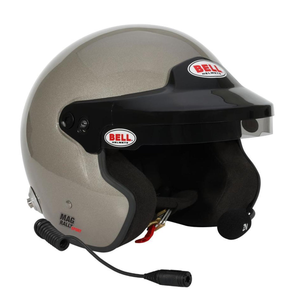 Bell MAG Rally Sport helmet in titanium finish front right angle with boom mic image