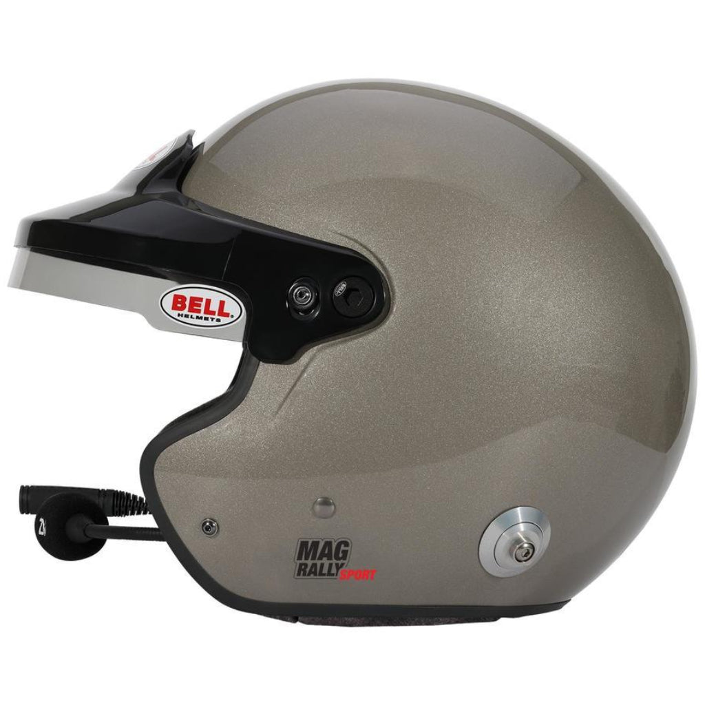 Bell MAG Rally Sport helmet titanium left side profile showing visor and shell image