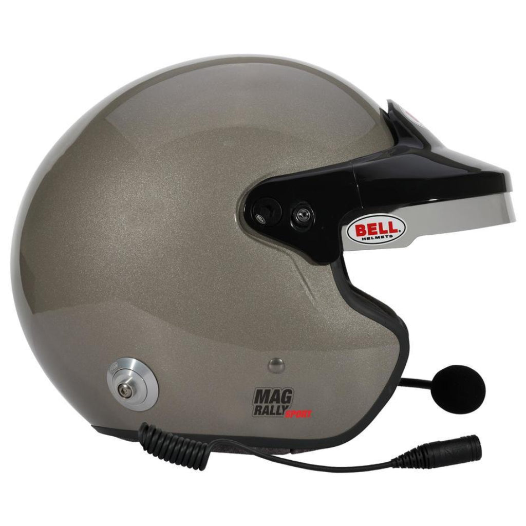 Bell MAG Rally Sport helmet titanium right side profile with communication cable image