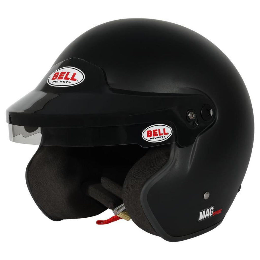 Bell MAG Sport matte black open face helmet front three quarter angle with peak visor image