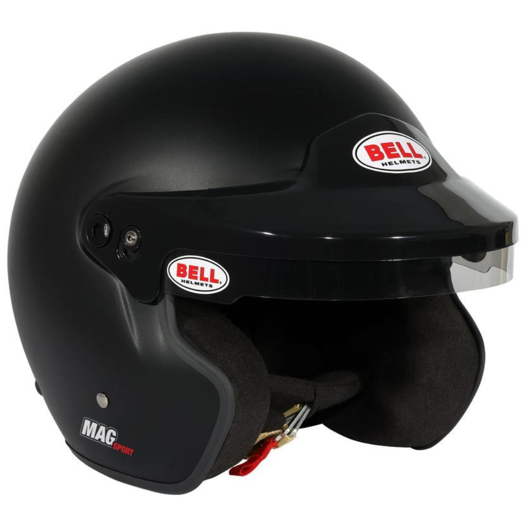 Bell MAG Sport matte black open face helmet top view with visor peak image