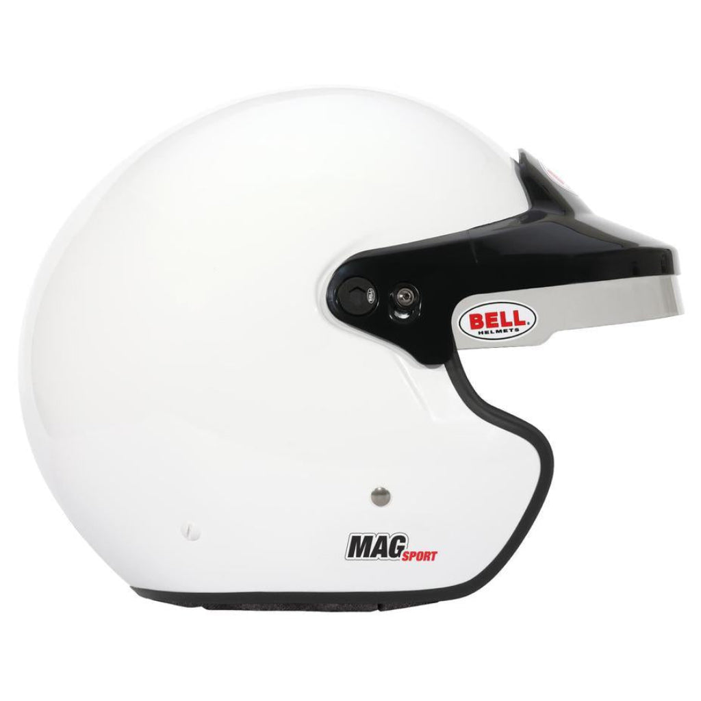 Bell MAG Sport white open face helmet right side profile with visor hardware image